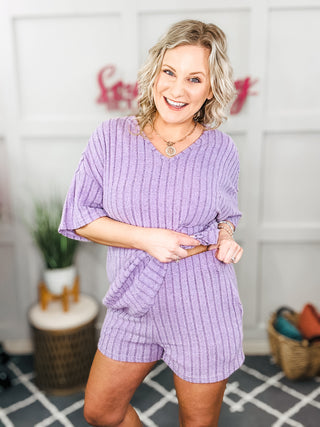 Mellow Days Cozy Ribbed Hacci Knit Shorts and Short Sleeve Lounge Set