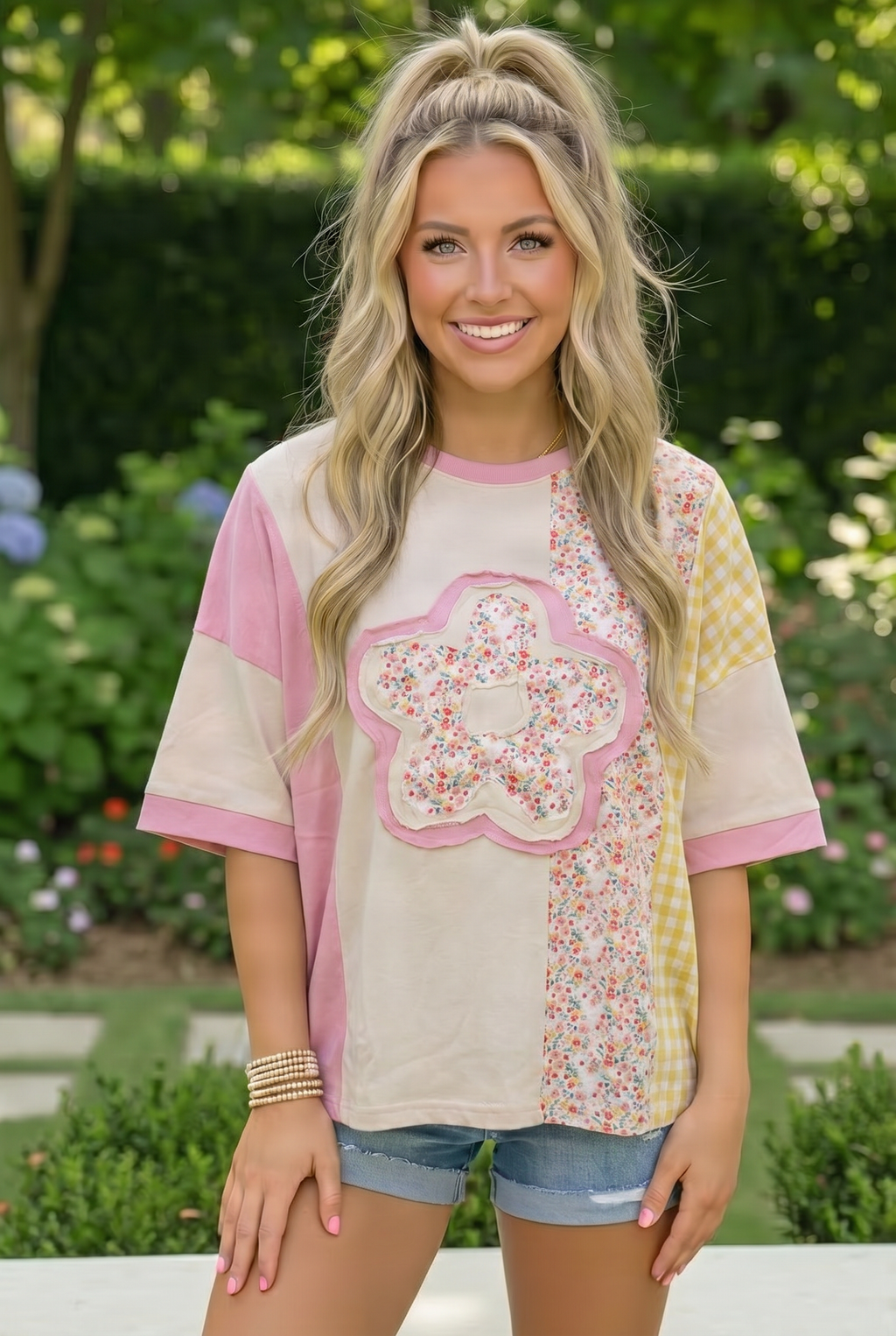Patchwork Flower Oversized Tee in Pink and Yellow – Soul Happy Shop