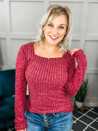 Catch A Vibe Square Neck Long Sleeve Ribbed Top - NEW COLORS!