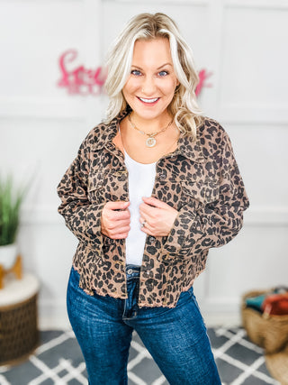 Fiercely You Raw Hem Leopard Collared Denim Jacket