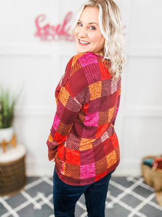 You Got This Burgundy Checker Plaid Print Hacci Knit Top