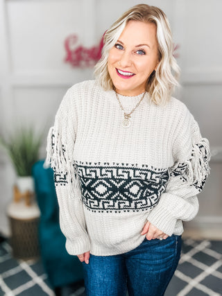 Ready For Anything Taupe & Black Tassel Aztec Sweater