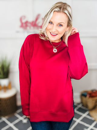 It's The Little Things Relaxed Scuba Pullover in Cabernet