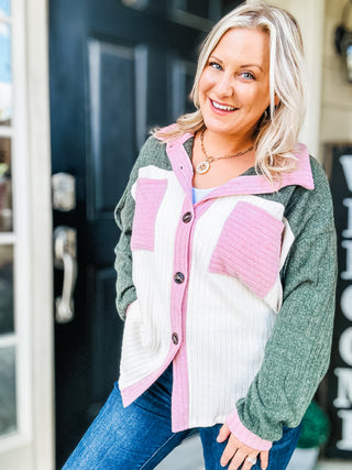 Pretty In Pink & Olive Color Block Button Down Ribbed Shacket