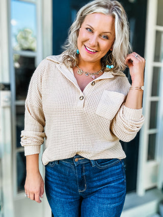 Eyes on You Waffle-Knit Long Sleeve Cozy Henley Top