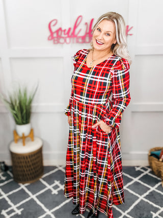 Adorable In Red Plaid Ruffle Detail Fit & Flare Midi Dress