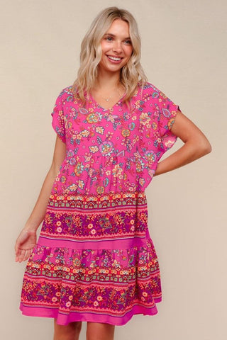 Boho Love Fuchsia Floral Print V Neck Dolman Sleeve Dress