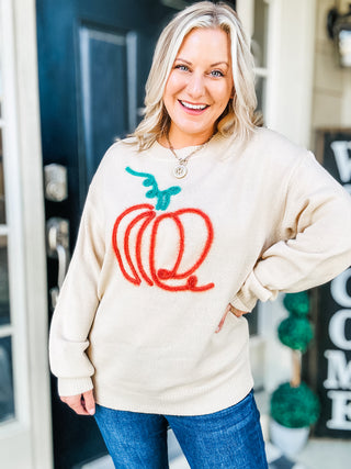 Pumpkin Spice Metallic Yarn Embroidered Oversized Sweater