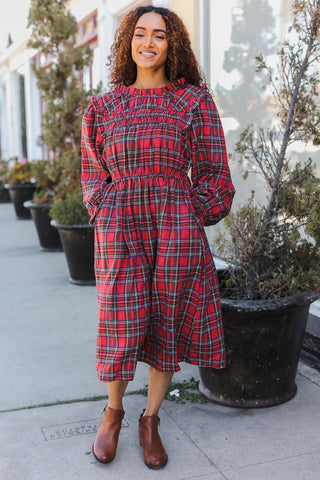 All I Want Hunter Red Plaid Check Woven Pocketed Dress