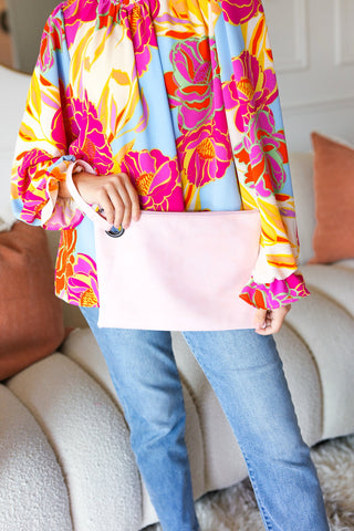 Blush Faux Leather Handle Zipper Clutch