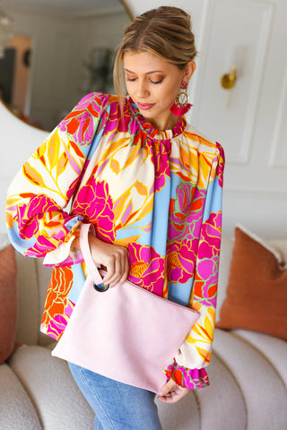 Blush Faux Leather Handle Zipper Clutch