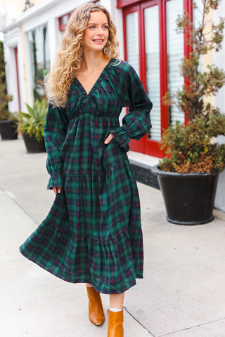 All I Want Hunter Green Plaid Elastic V Neck Tiered Maxi Dress II