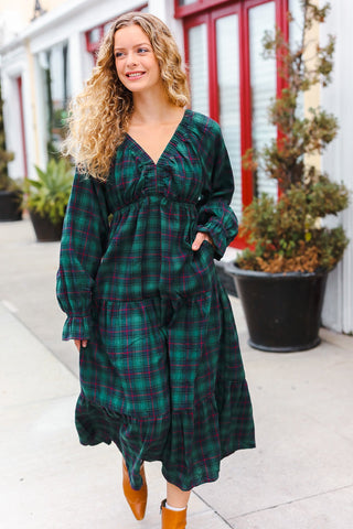 All I Want Hunter Green Plaid Elastic V Neck Tiered Maxi Dress II