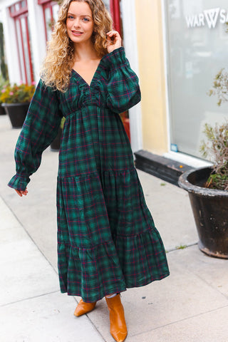 All I Want Hunter Green Plaid Elastic V Neck Tiered Maxi Dress II