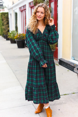 All I Want Hunter Green Plaid Elastic V Neck Tiered Maxi Dress II