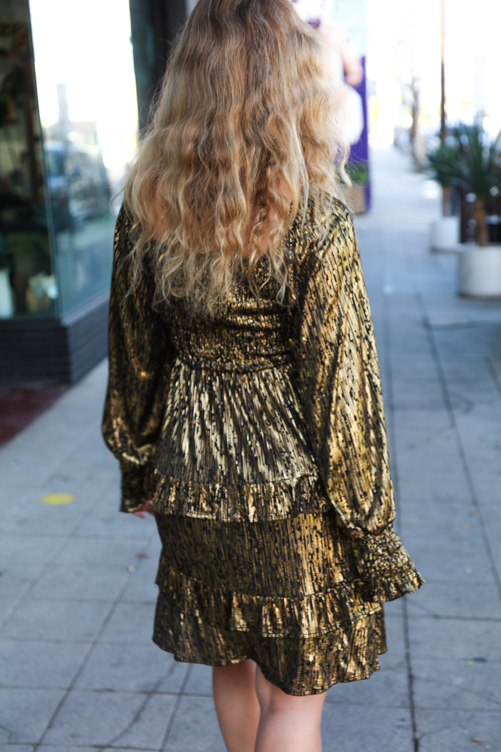Dazzling Black Gold Foiled Smocked Fit & Flare Dress Large Dazzling Black Gold Foiled Smocked Fit & Flare Dress Large