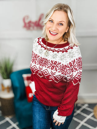 Merry Christmas Merlot Snowflake Oversized Sweater Top