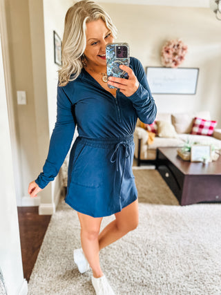 Getting Out Long Sleeve Hoodie Romper in Navy