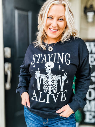 Staying Alive Skull Graphic Long Sleeve Sweatshirt