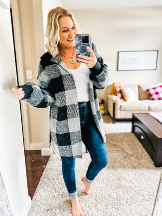 Let's Stay Home Plaid Hooded Blanket Cardigan