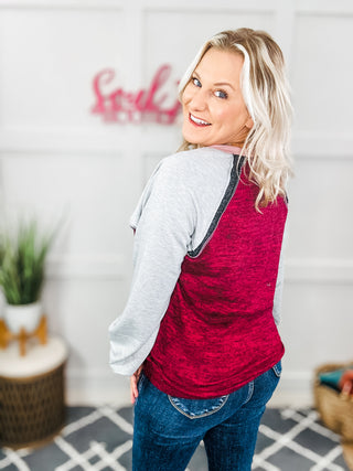 Autumn Vibes Grey & Burgundy Color Block Raglan Sweater