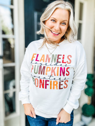 Flannels Pumpkins Bonfires Graphic Long Sleeve Sweatshirt