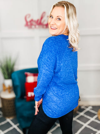 Keeping it Real Brushed Melange Hacci Long Sleeve Tee in Bright Blue