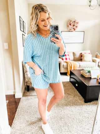 Mellow Days Cozy Ribbed Hacci Knit Shorts and Short Sleeve Lounge Set