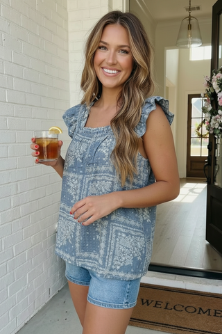Dusty Blue Bandana Print Ruffle Top