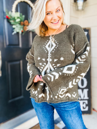 Holiday Vibes Olive Aztec Print Fuzzy Sweater