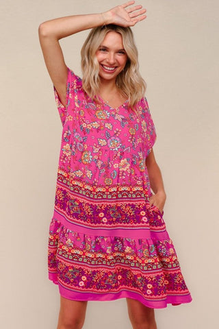 Boho Love Fuchsia Floral Print V Neck Dolman Sleeve Dress