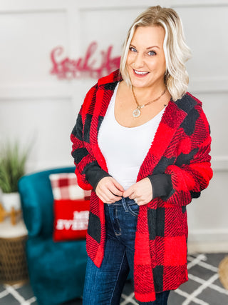 Let's Stay Home Plaid Hooded Blanket Cardigan