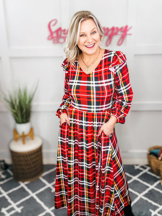 Adorable In Red Plaid Ruffle Detail Fit & Flare Midi Dress