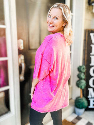 Don't Mind Me Mineral Wash Drop Shoulder Tee in Fuchsia