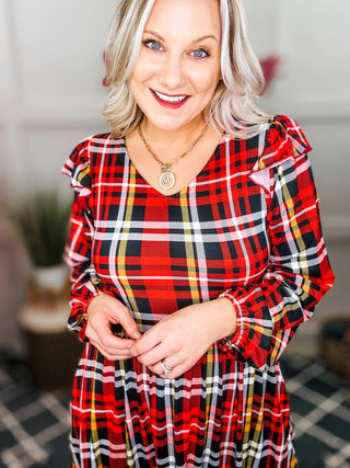 Adorable In Red Plaid Ruffle Detail Fit & Flare Midi Dress