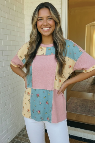 Patchwork Floral Waffle Knit Top