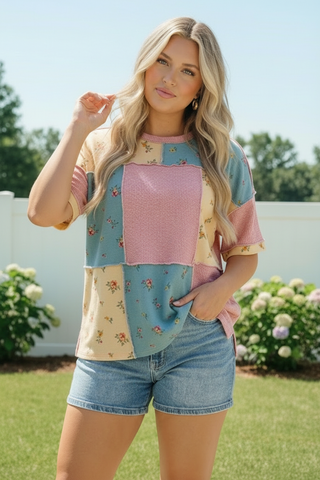 Patchwork Floral Waffle Knit Top