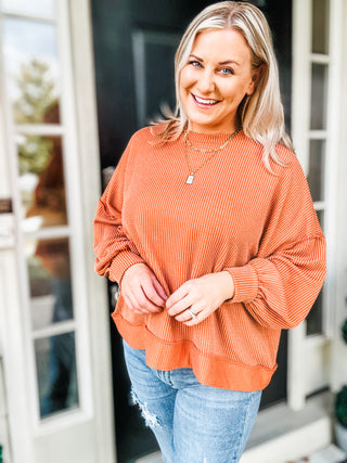 Weekend Ready Rust Mineral Wash Rib Pullover Top