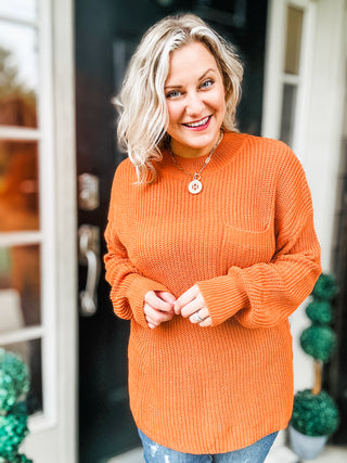 Pumpkin Spice Mock Neck Chest Pocket Knit Sweater