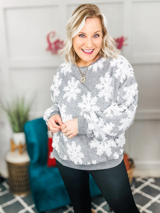 Season Greetings Silver Puffy Snowflake Sherpa Pullover