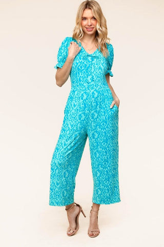 Spring Vibes Aqua Ikat Print Ruffle Sleeve Wide Leg Jumpsuit