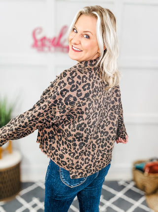 Fiercely You Raw Hem Leopard Collared Denim Jacket