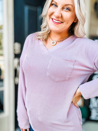 Everyday Macy Corded Ribbed V-Neck Long Sleeve Top