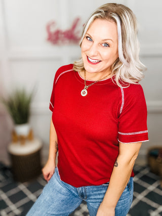 Heartbreaker Waffle Knit Tee in Cranberry