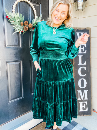 Holiday Dreaming Hunter Green Velvet Mock Neck Smocked Waist Dress