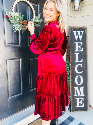 Holiday Dreaming Burgundy Velvet Mock Neck Smocked Waist Dress