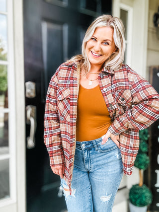 Be You Best Taupe Plaid Quilt Lined Button Down Shacket