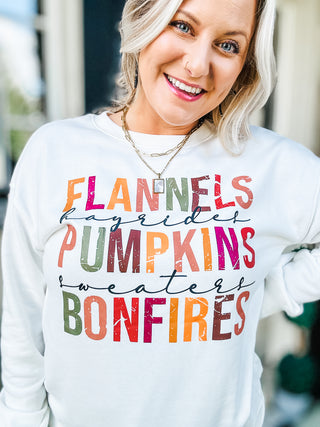 Flannels Pumpkins Bonfires Graphic Long Sleeve Sweatshirt