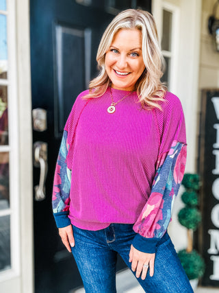 Weekend Ready Magenta & Navy Floral Mineral Wash Rib Dolman Top