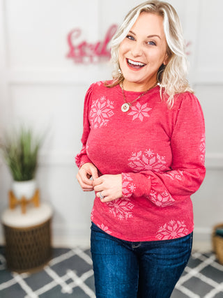 Holiday Ready Red Snowflake Brushed Hacci Sweater Top